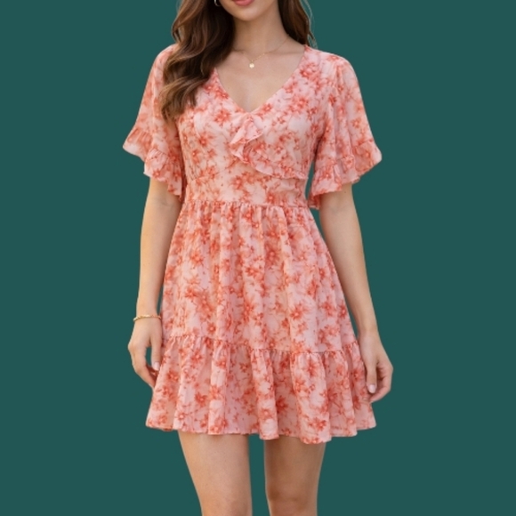 AGQT Dresses & Skirts - AGQT Flirty Coral Pink Watercolor Ruffle Mini Skater Dress Small